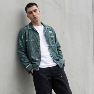 Brain Dead Hedgehog Pajama Top Mens Small Forest Green Button Up Shirt